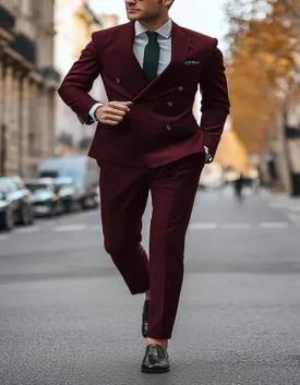 Slim Fit Double Breasted Suit Gold Buttons - Burgundy Suit - Designer Wool Suits