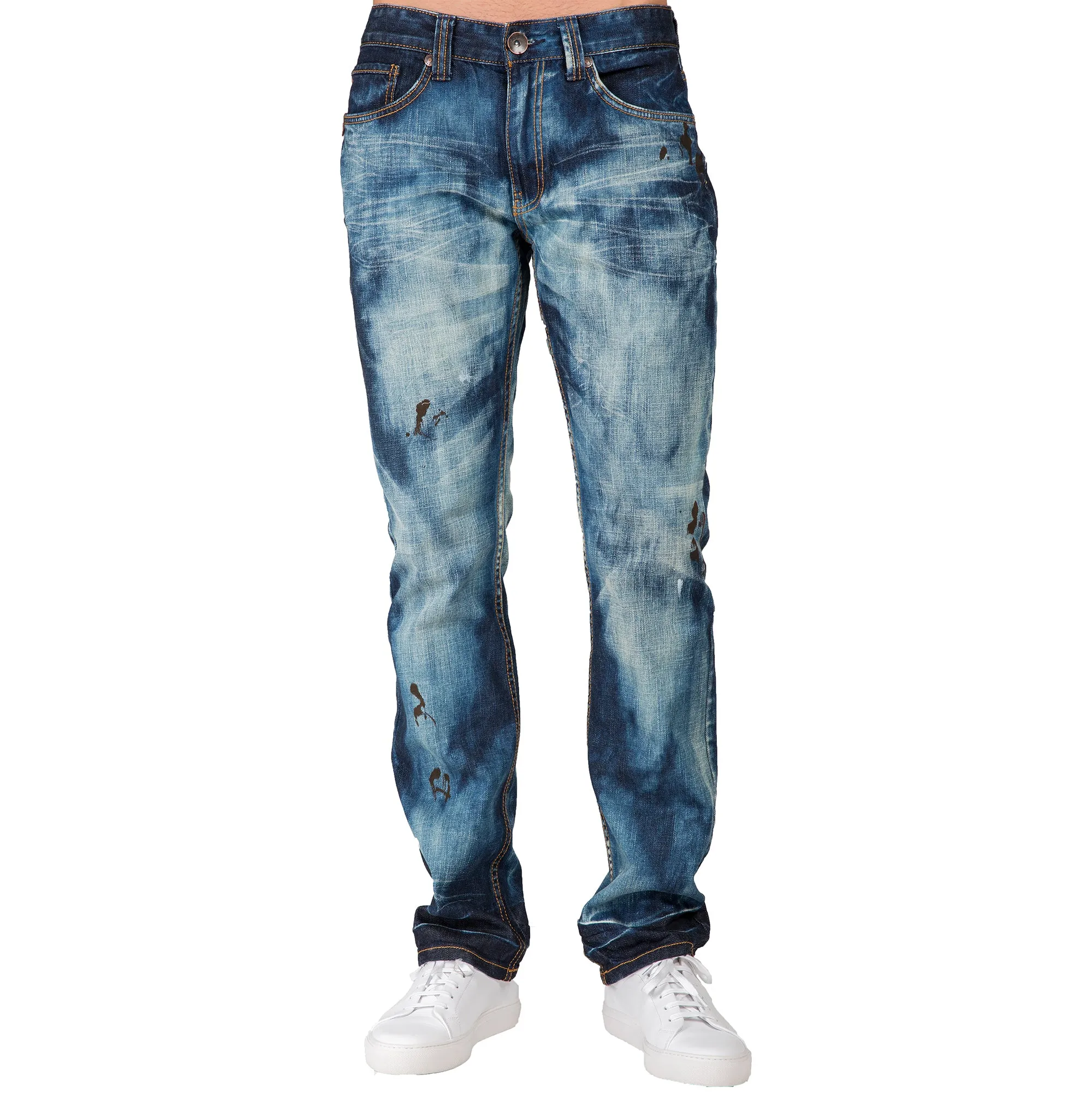 Slim Straight Dark Cloud Blue Premium Denim 5 Pocket Jeans Sanding Whisker Paint Splatter