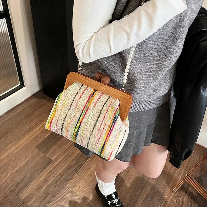 Small Clutches Colorful Striped Wooden Pearl Strap Women's Soft Crossbody Bags