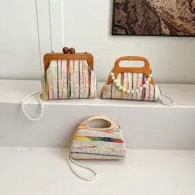 Small Clutches Colorful Striped Wooden Pearl Strap Women's Soft Crossbody Bags