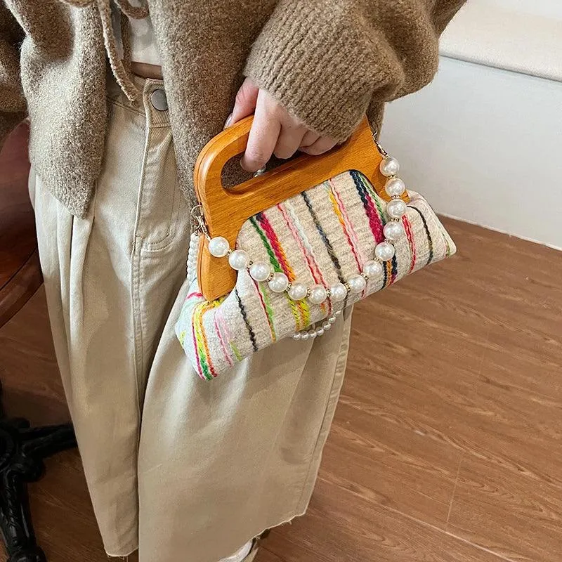 Small Clutches Colorful Striped Wooden Pearl Strap Women's Soft Crossbody Bags