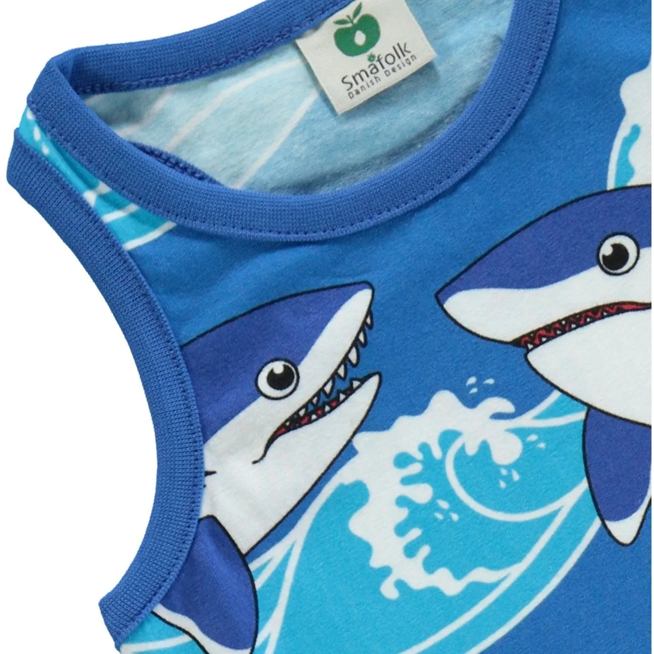 Småfolk Brilliant Blue Tank top and cycling shorts with sharks