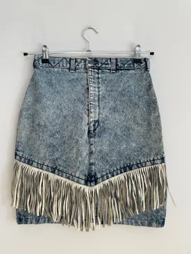 Snow Wash Leather Fringe Denim Skirt