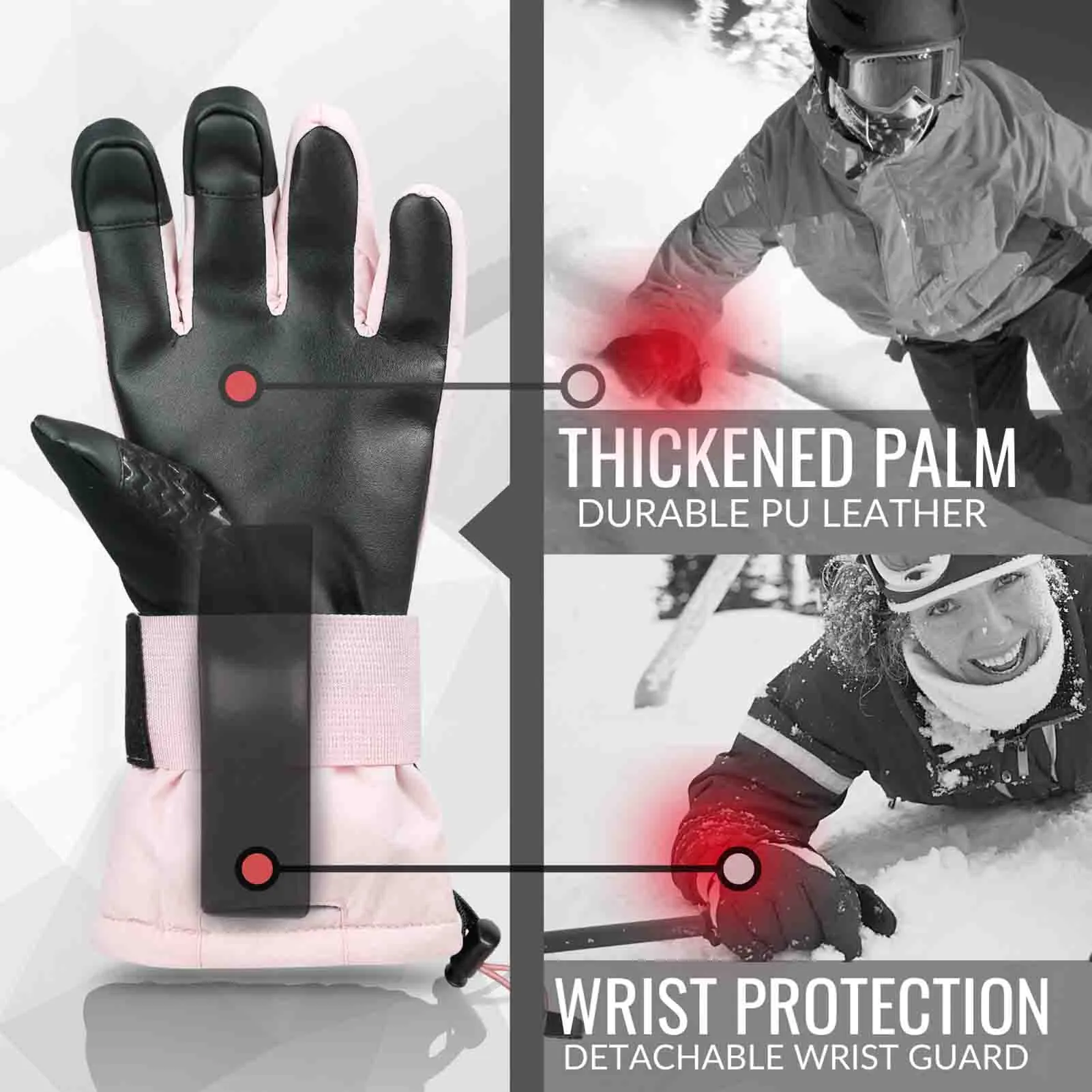 Snowboard & Ski Gloves with Wrist Guard (Pink)