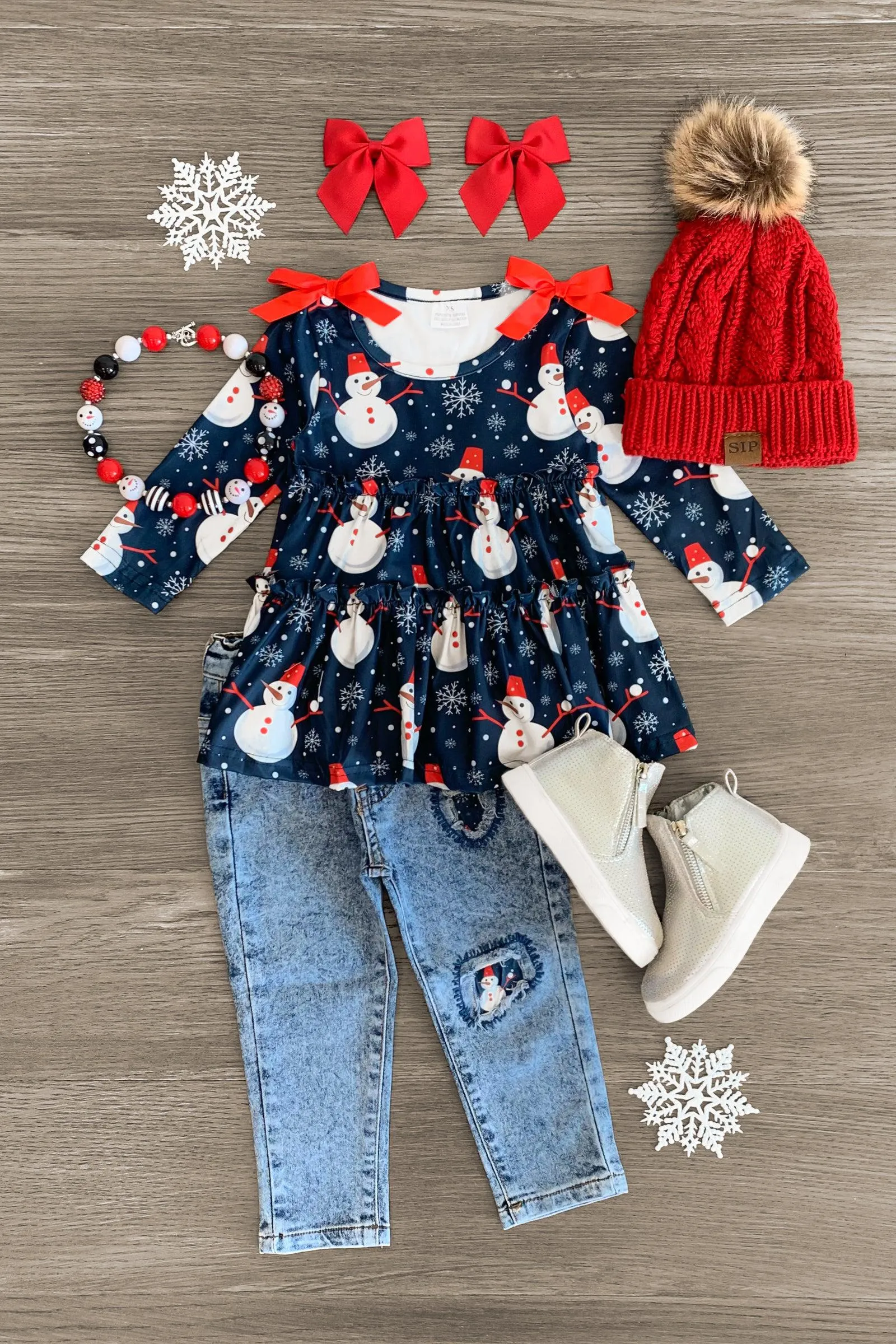 Snowman Ruffle Distressed Denim Pant Set