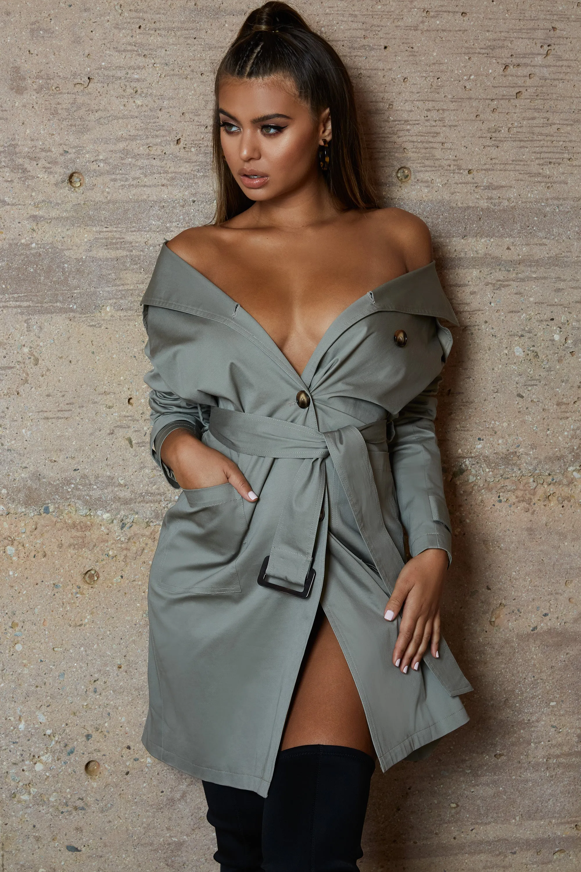 So Over You Bardot Trench Coat Dress in Khaki Grey