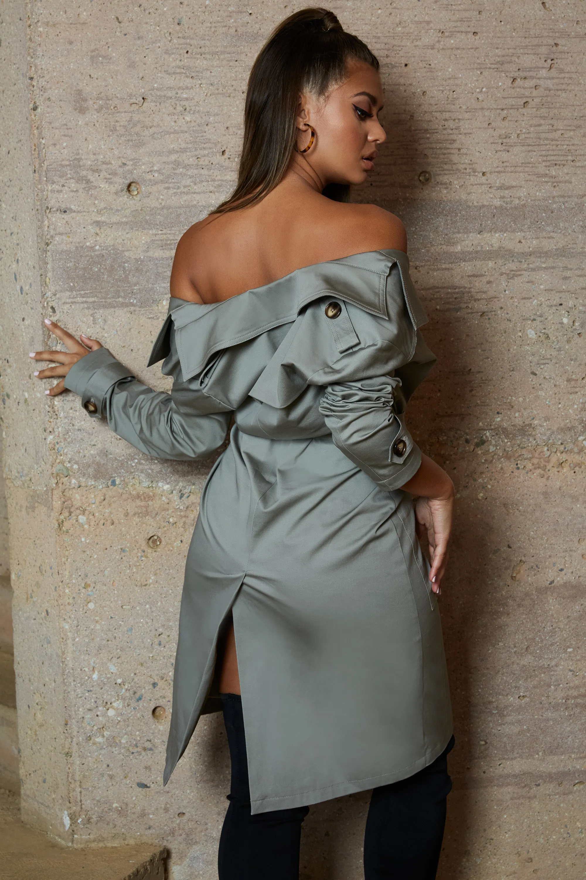 So Over You Bardot Trench Coat Dress in Khaki Grey