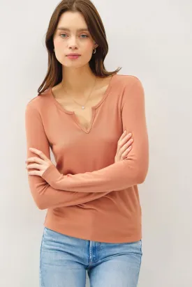 Soft Basic Split Neck Long Sleeve Knit Shirt