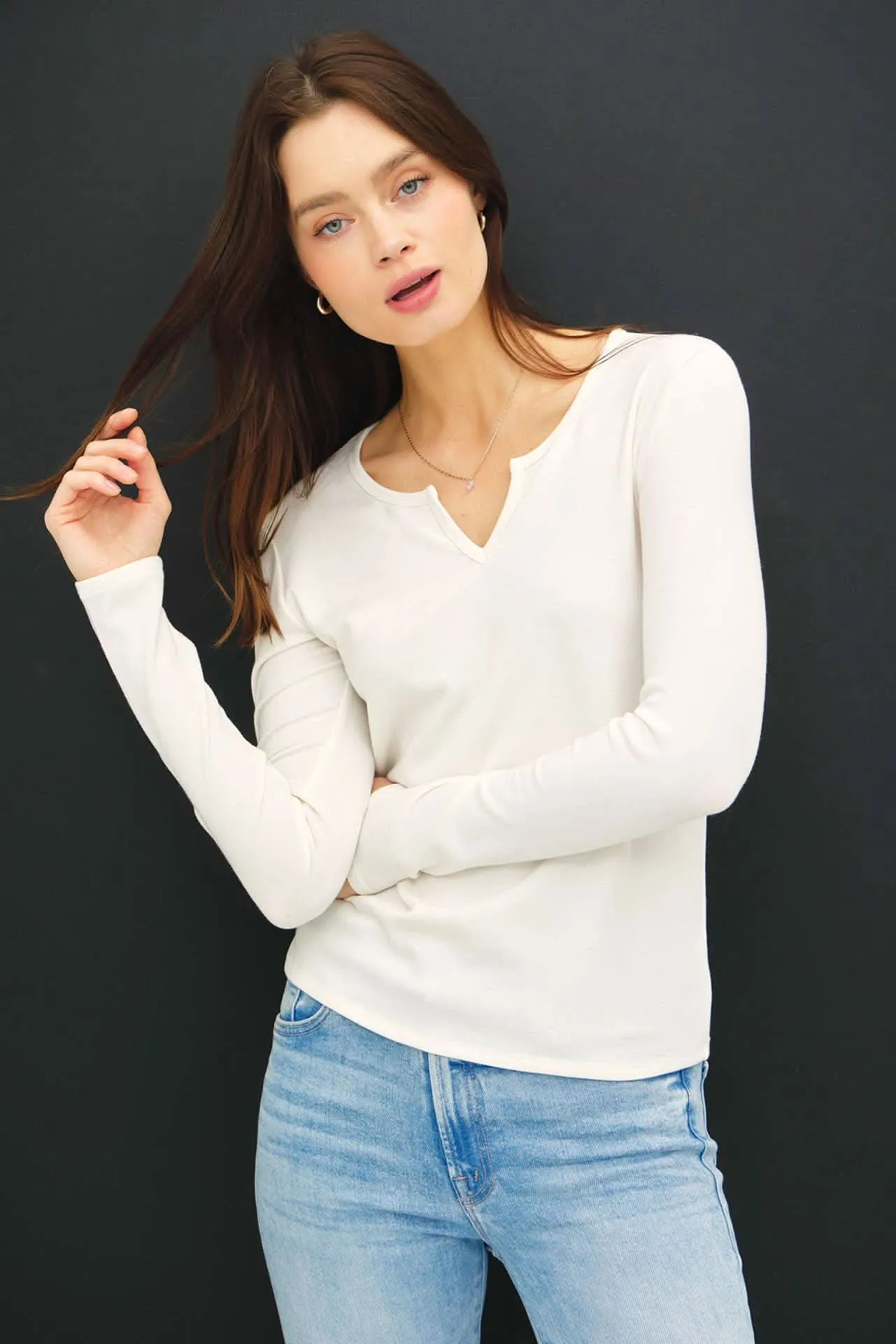 Soft Basic Split Neck Long Sleeve Knit Shirt