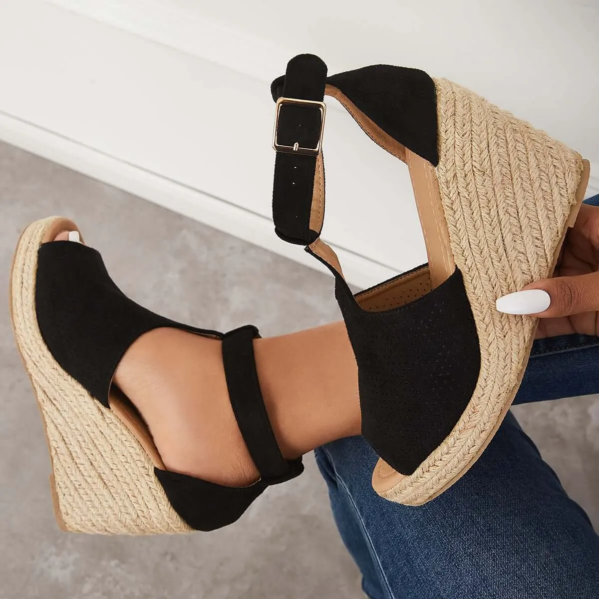 Sohiwoo Black Platform Espadrille Heel Wedges Ankle Strap Sandals