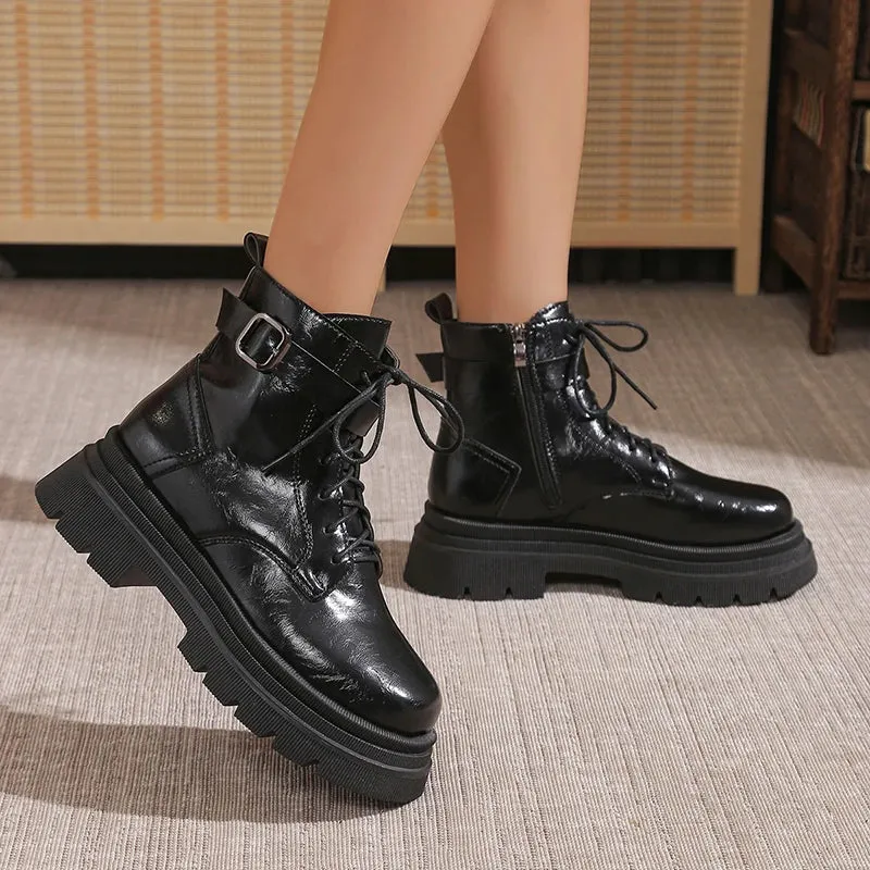 Sohiwoo Black Pu Leather Platform Ankle Boots Women Fashion Buckle Thick Bottom Combat Boots Woman Punk Lace Up Motorcycle Shoes Mujer