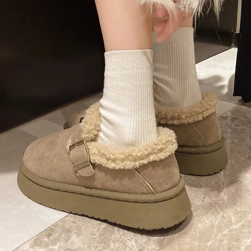 Sohiwoo Faux Suede Women's Platform Snow Boots Fashion Buckle Plush Lined Ankle Boots Woman Comfortable Non Slip Cotton Padded Shoes 41