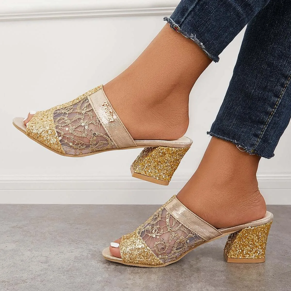 Sohiwoo Floral Embroidery Backless Mules Slip on Block Heel Sandals