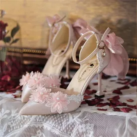 Sohiwoo French Sweet Vintage Girls Shoes Cosplay Pink Elegant Lace Flower Pearls Pointed Sandals Bandages Bowknot 8cm High Heel Shoes