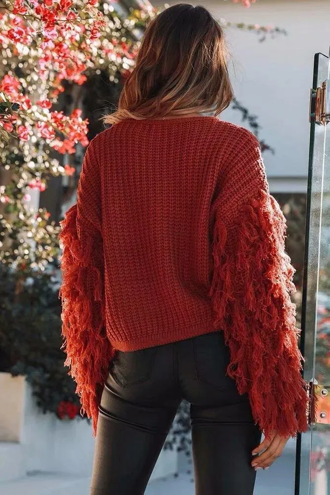 Solid Color Round Neck Long Sleeve Tassel Sweater