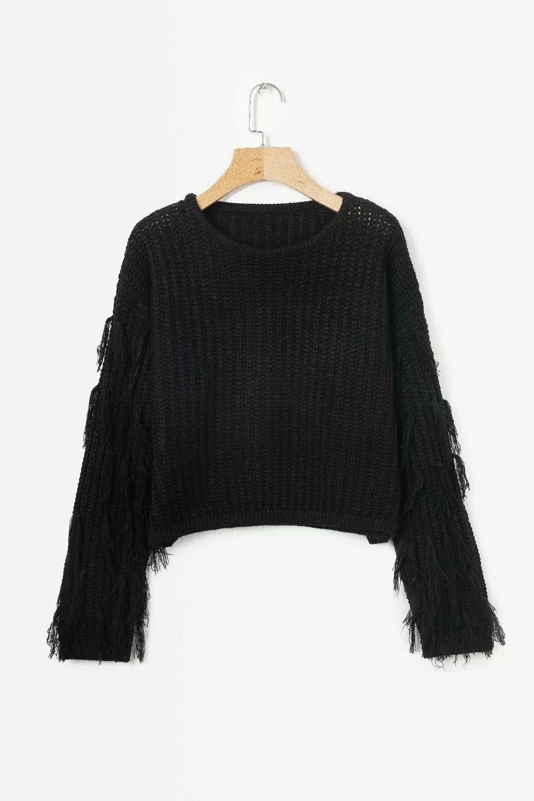 Solid Color Round Neck Long Sleeve Tassel Sweater