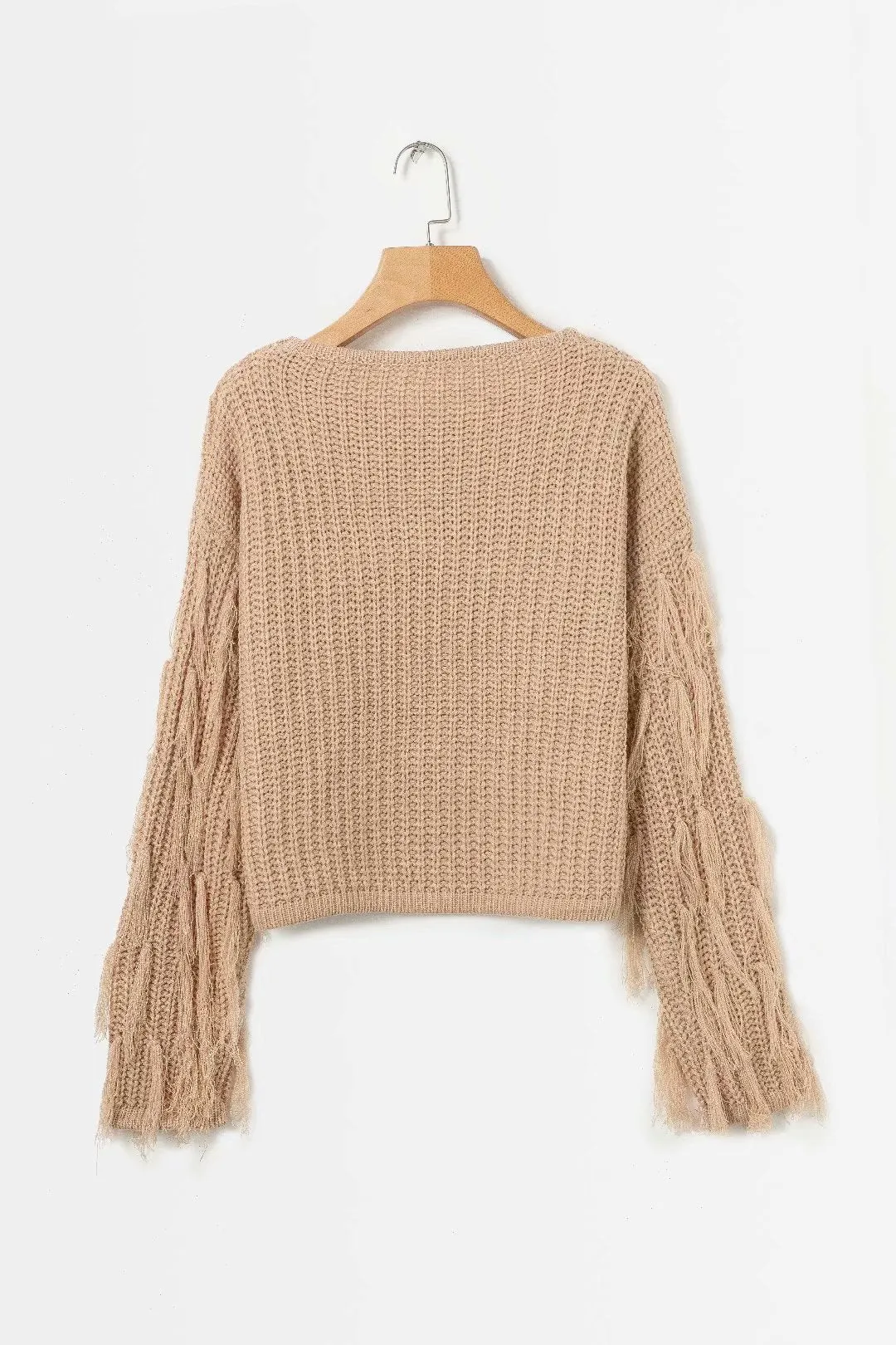 Solid Color Round Neck Long Sleeve Tassel Sweater