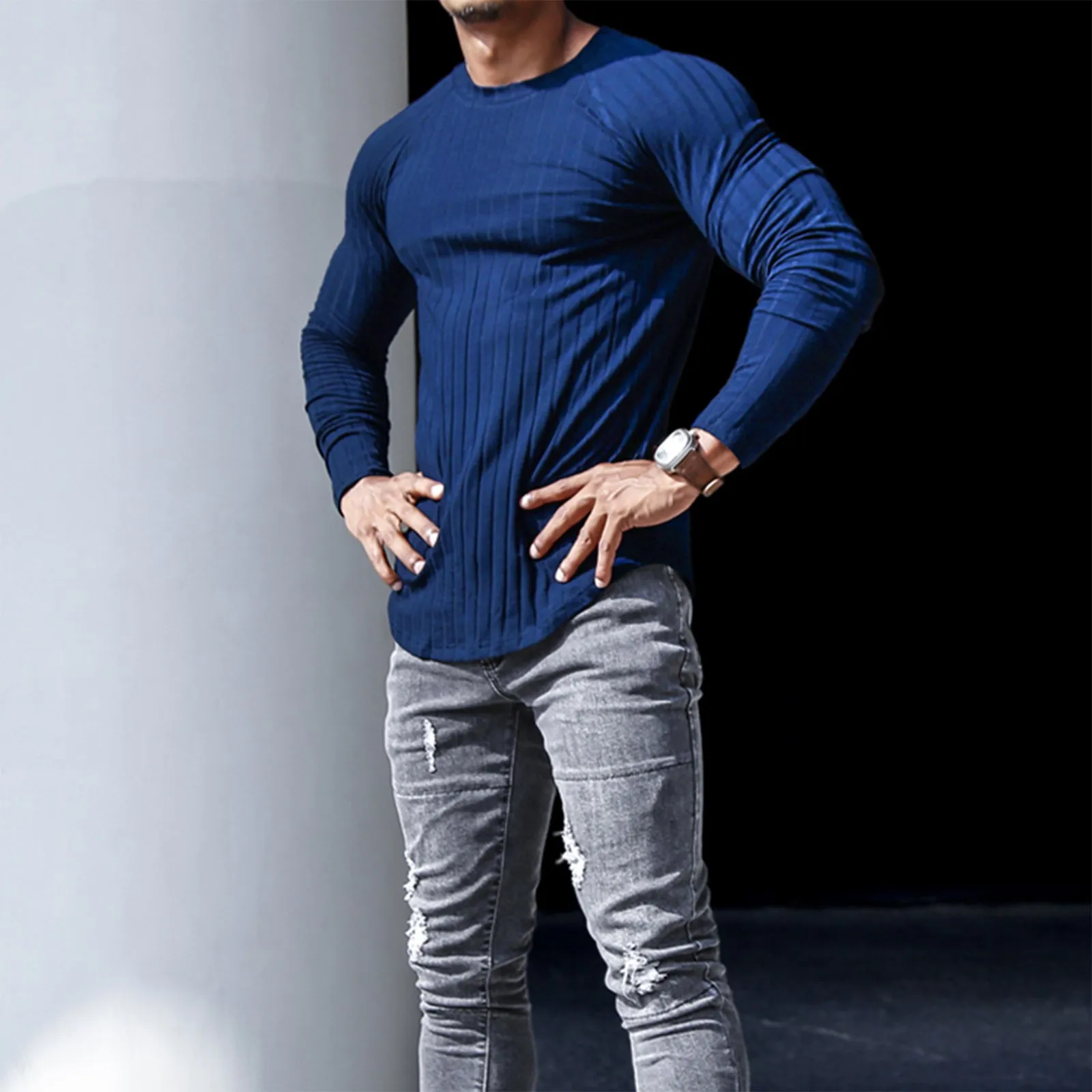 SOLID COLOR STRIPED RAGLAN  LONG SLEEVE T-SHIRT