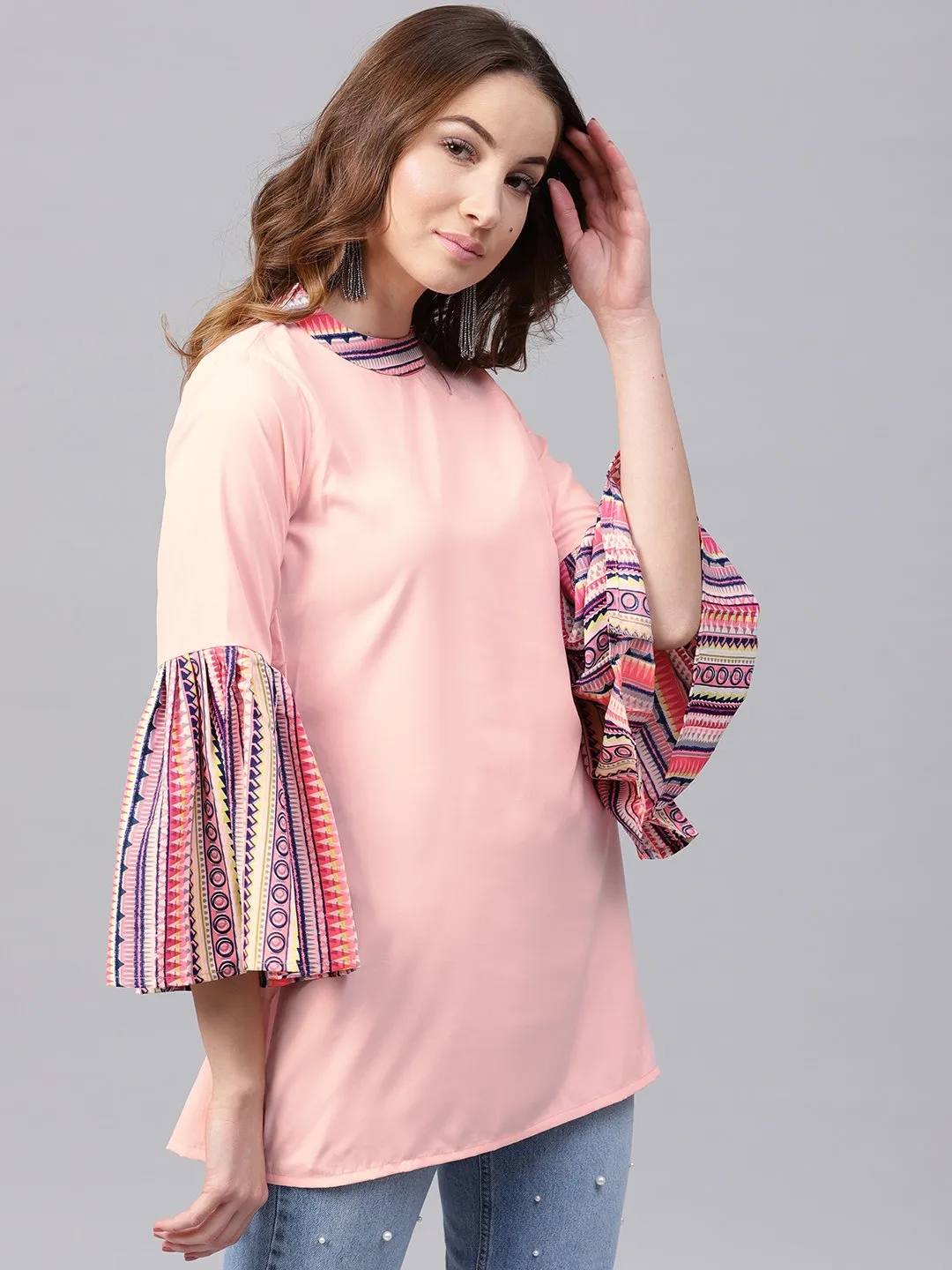 Solid Pink Flared Sleeve Crepe Tunics