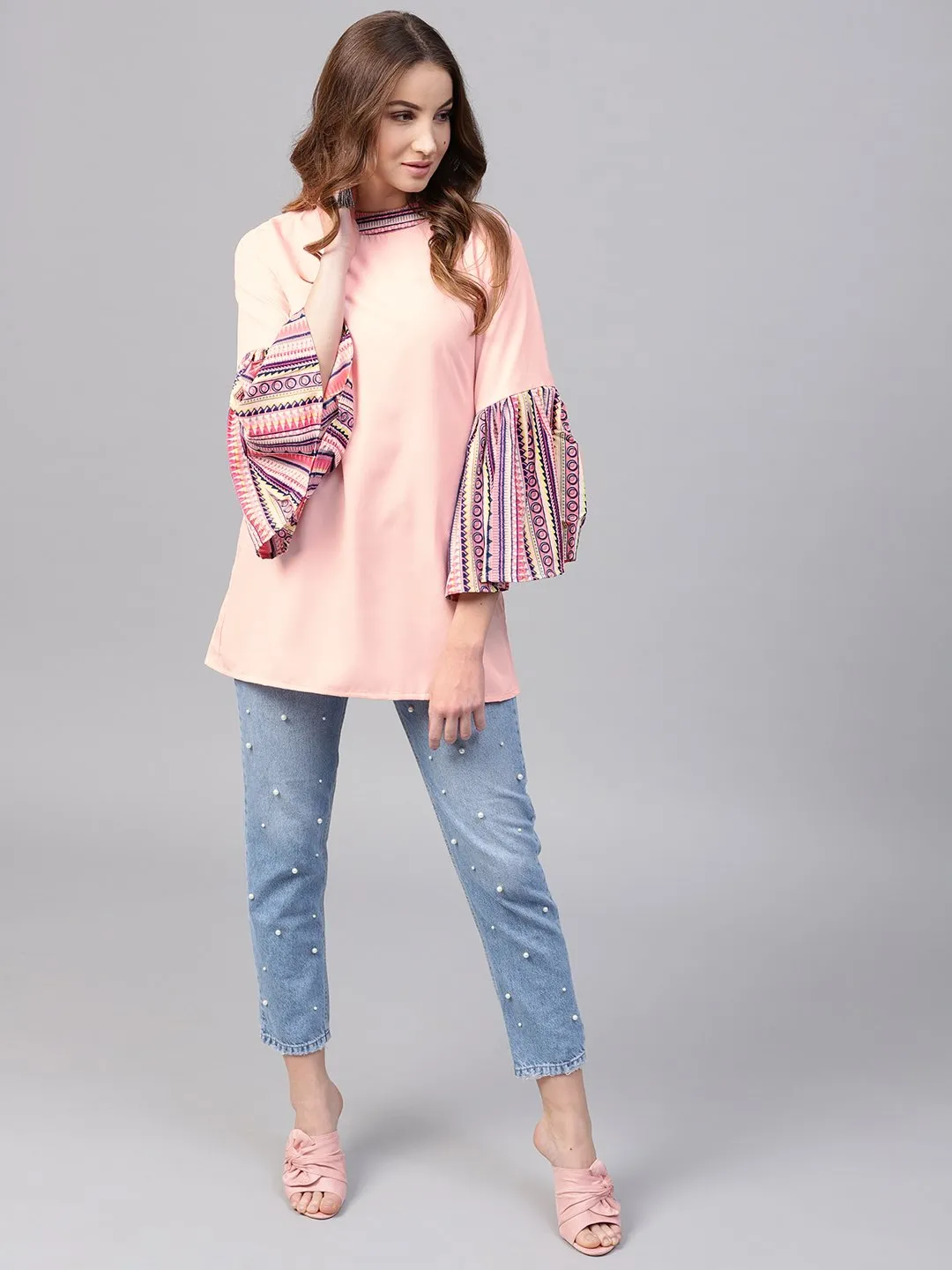 Solid Pink Flared Sleeve Crepe Tunics