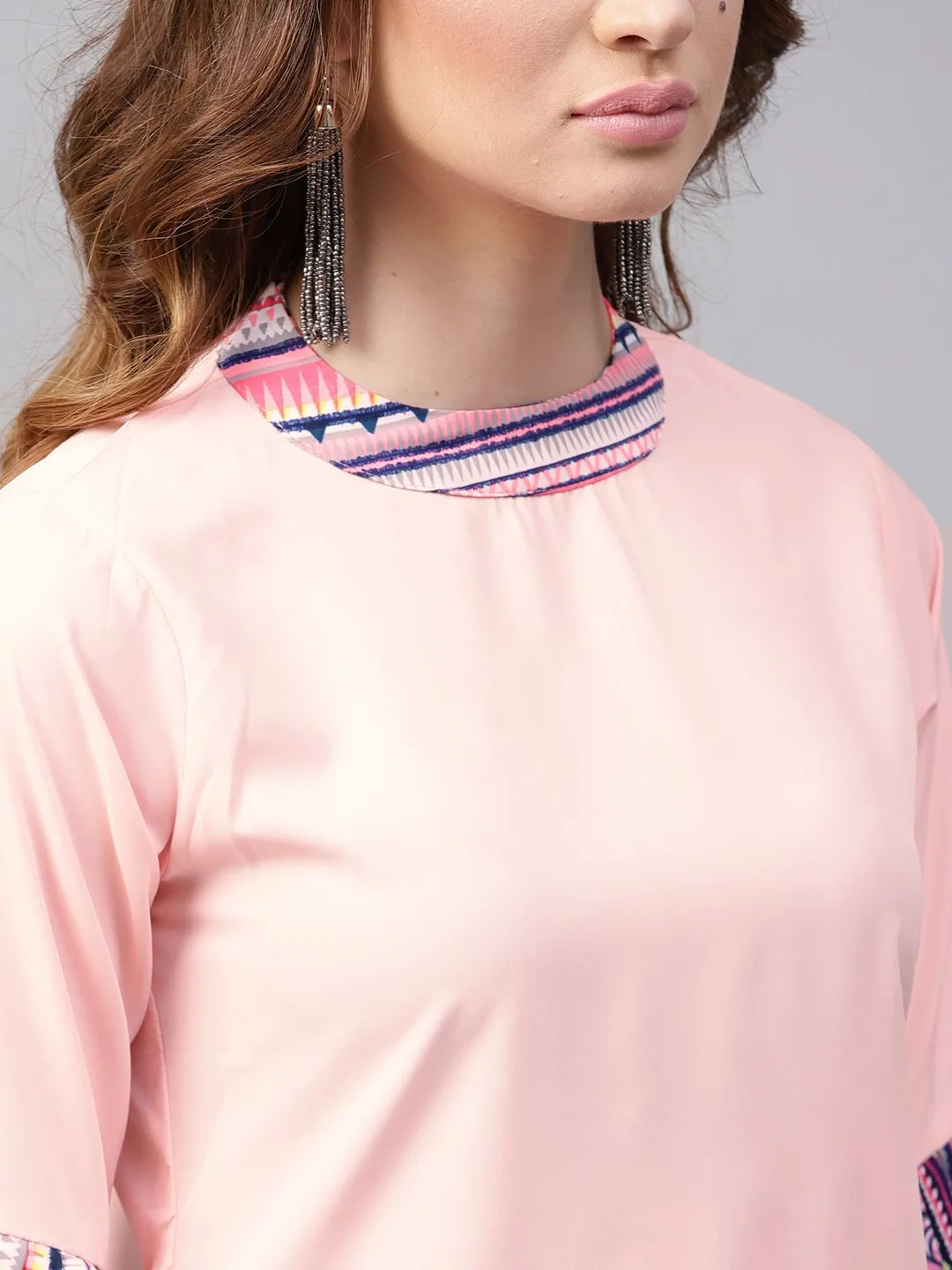 Solid Pink Flared Sleeve Crepe Tunics