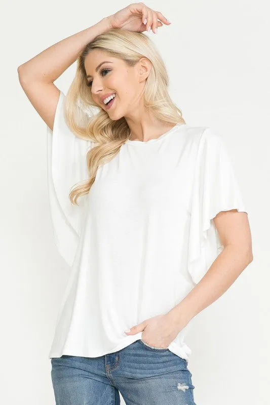 Solid Short Butterfly Sleeve Round Neck Top