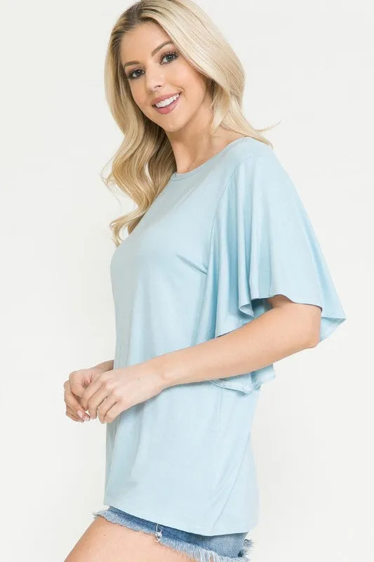 Solid Short Butterfly Sleeve Round Neck Top