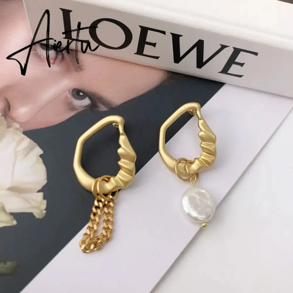 South Korea Fashion Baroque Freshwater Pearl Drop Earrings Asymmetry Versatile Chain Earrings Elegant Jewelry For Women