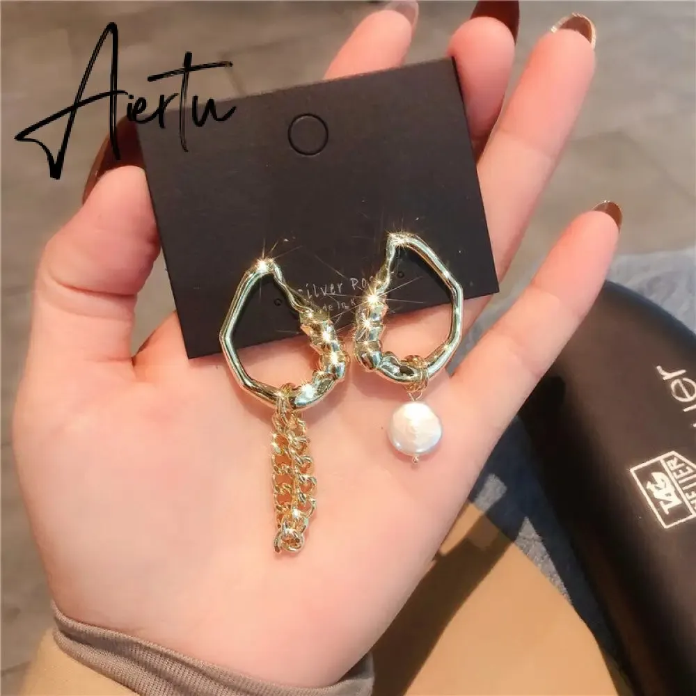 South Korea Fashion Baroque Freshwater Pearl Drop Earrings Asymmetry Versatile Chain Earrings Elegant Jewelry For Women