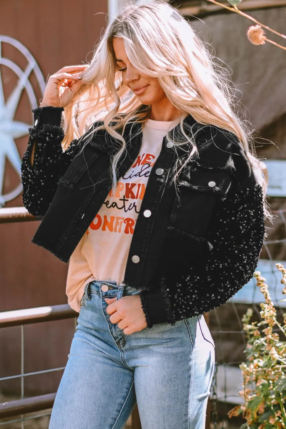 Sparkle Black Sequin Denim Jacket