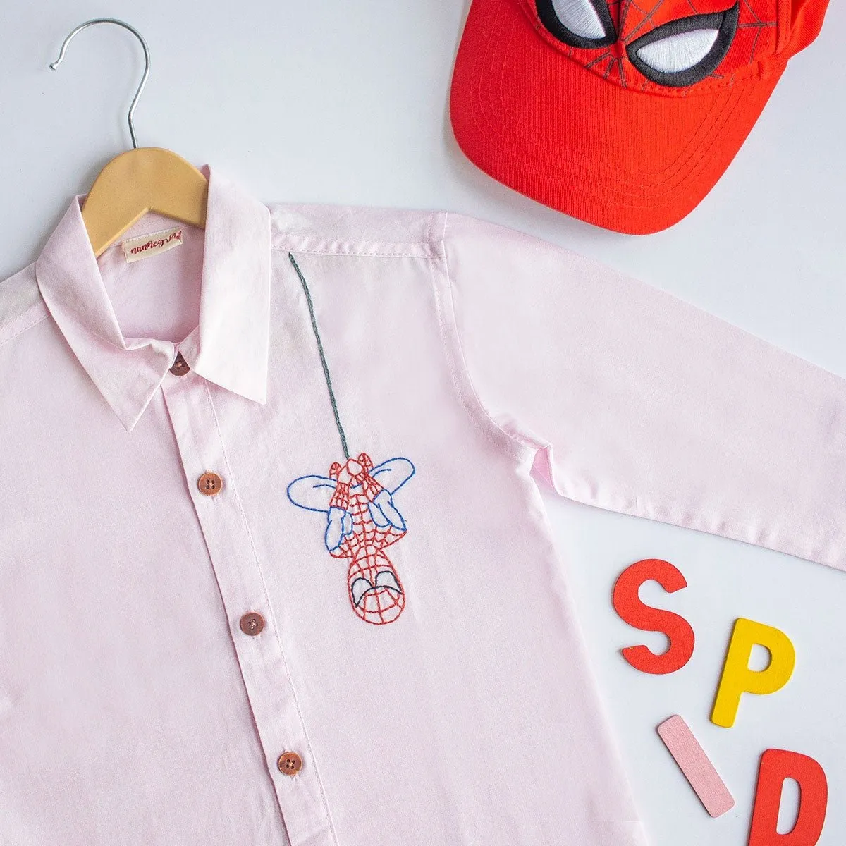 Spidey Embroidered Organic Cotton Shirt- Light Pink