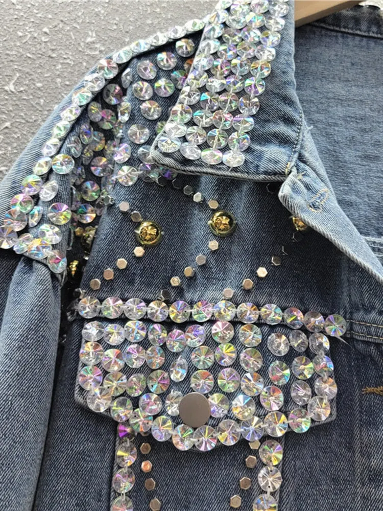 Spliced Sequins Denim Jackets For Women Lapel Long Sleeve Loose Vintage Casual Chic Jacket Female Fashion Clothing