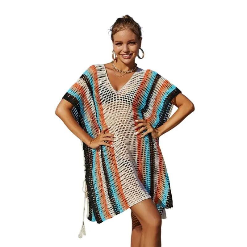 Split Side Short Sleeve Crochet-Knitted Beach-Swimwear Bikini-Cover Ups