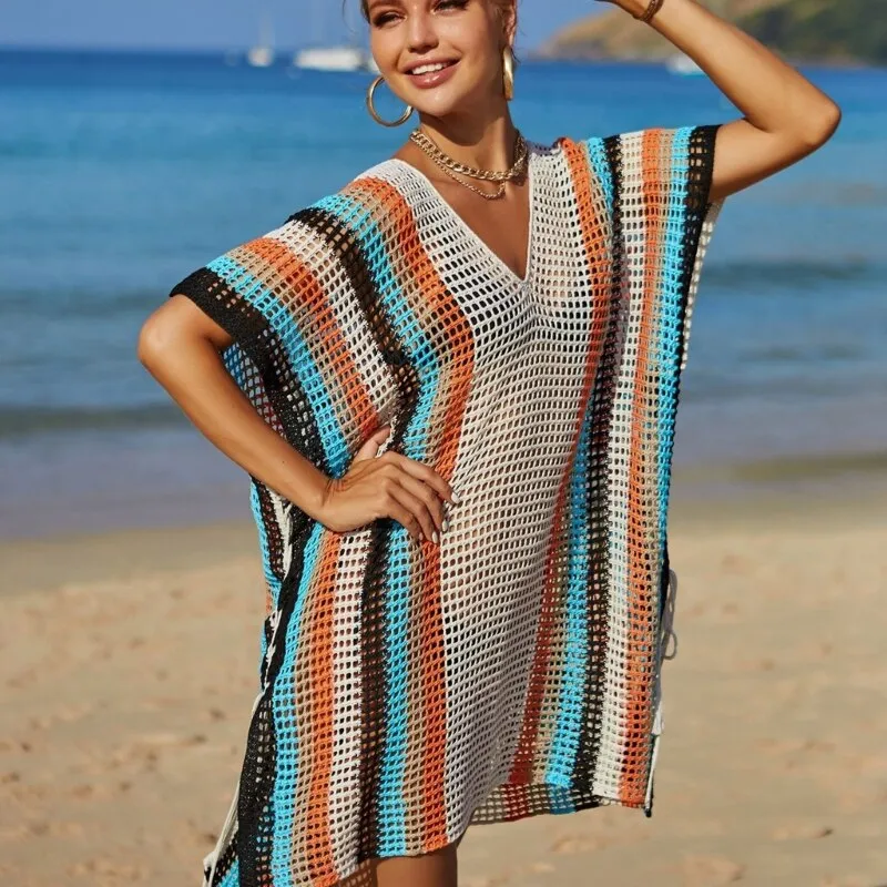 Split Side Short Sleeve Crochet-Knitted Beach-Swimwear Bikini-Cover Ups