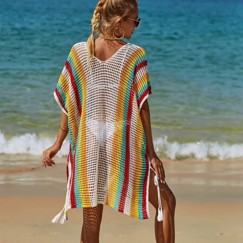 Split Side Short Sleeve Crochet-Knitted Beach-Swimwear Bikini-Cover Ups