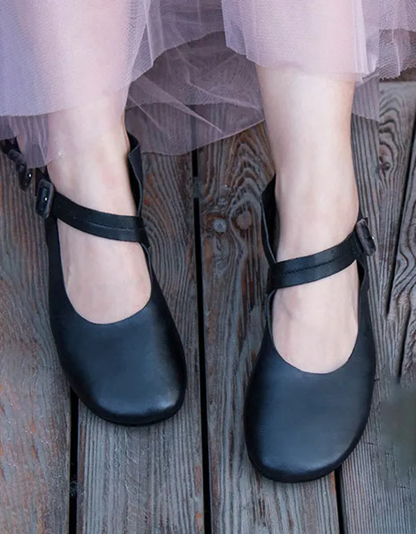 Spring Buckle Simple Retro Leather Flats