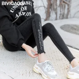 Spring Embroidered Letters Washed Jeans Leggings Skinny Slim Woven Pencil Pants Jeans Jeggings