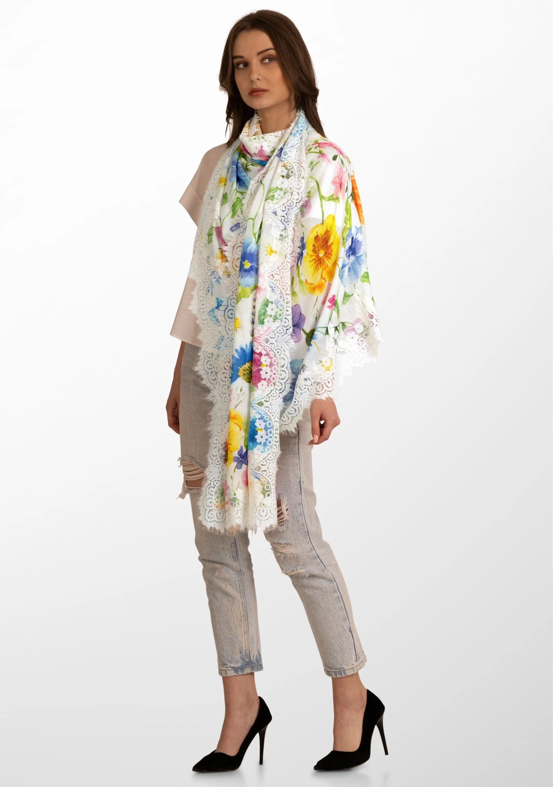 Spring Fling Print Ivory Modal and Cashmere Scarf with an Ivory Chantelle Lace Border