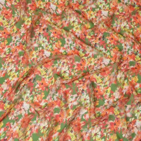 Spring Green Synthetic Chiffon Fabric with Vibrant Red Floral Print, 140 cm Wide-D19109