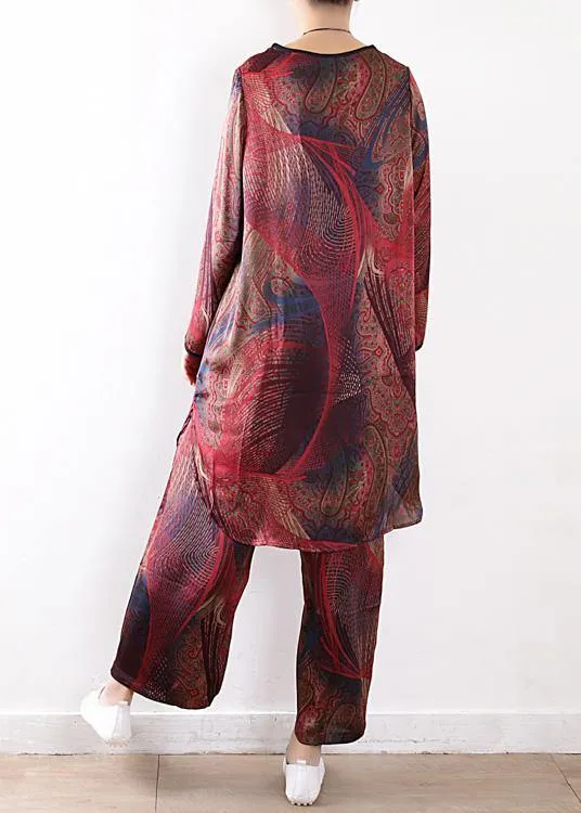 Spring loose plus size silk chiffon wide-leg pants red print two-piece suit