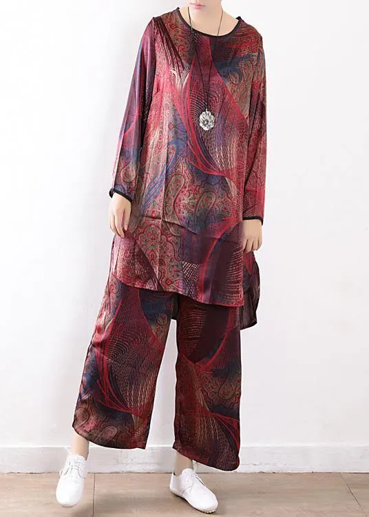 Spring loose plus size silk chiffon wide-leg pants red print two-piece suit