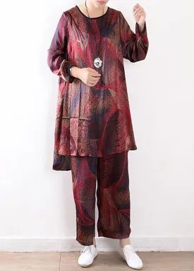 Spring loose plus size silk chiffon wide-leg pants red print two-piece suit