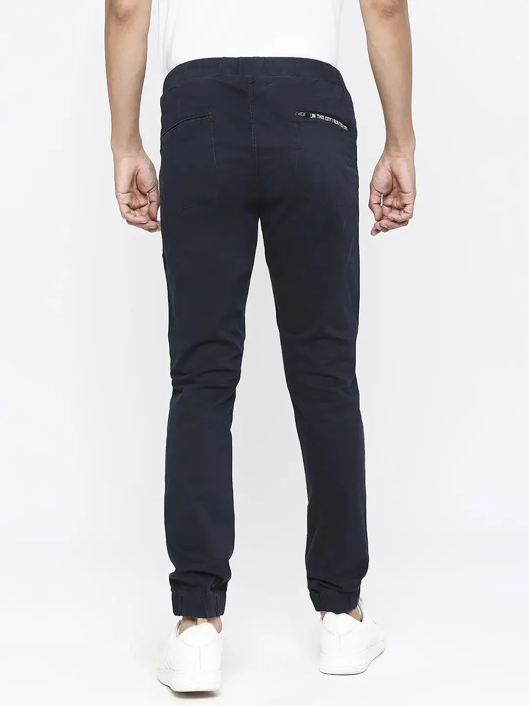 Spykar Men Navy Blue Cotton Slim Fit Drawstring Trousers