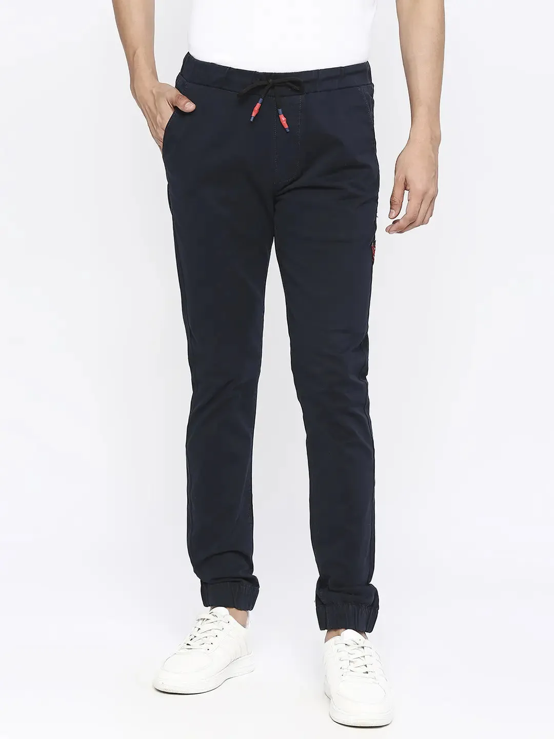 Spykar Men Navy Blue Cotton Slim Fit Drawstring Trousers