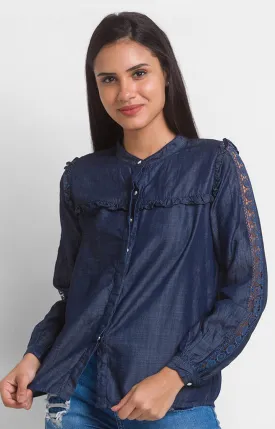 Spykar Mid Blue Cotton Full Sleeve Denim Shirts For Women