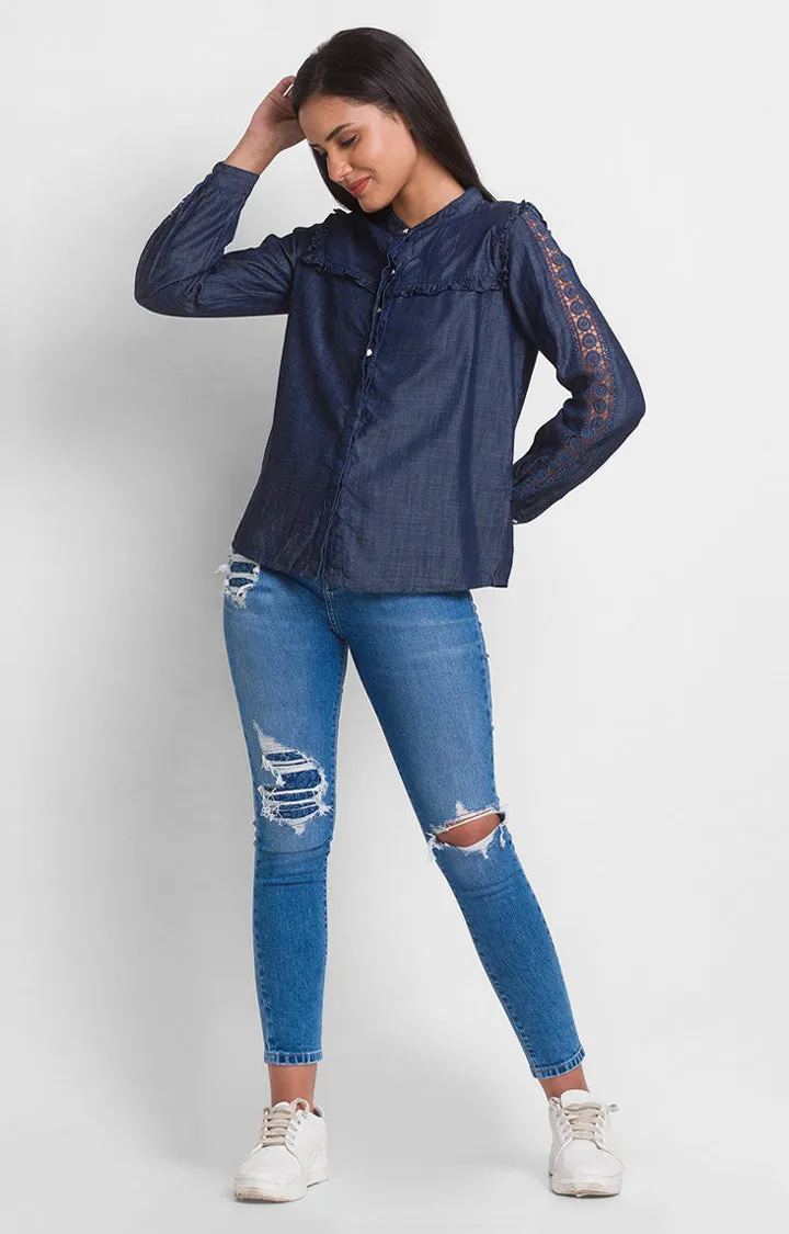 Spykar Mid Blue Cotton Full Sleeve Denim Shirts For Women