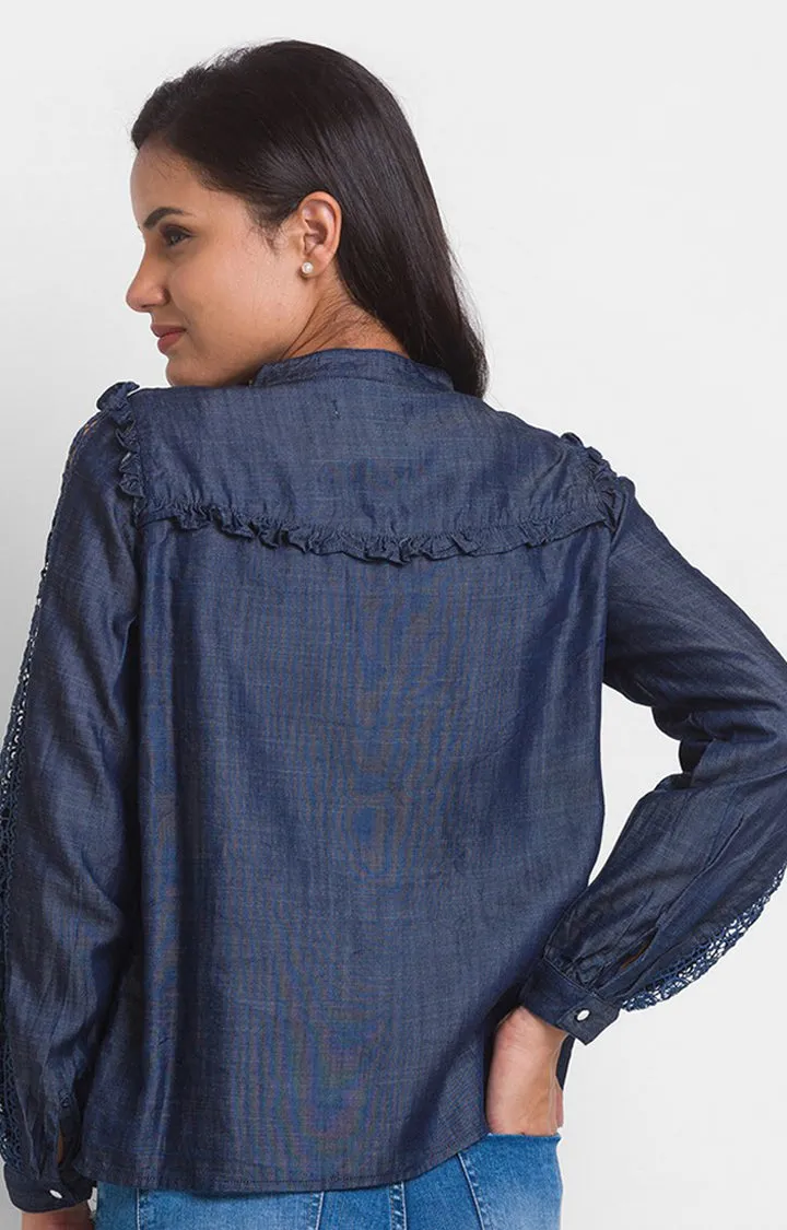 Spykar Mid Blue Cotton Full Sleeve Denim Shirts For Women