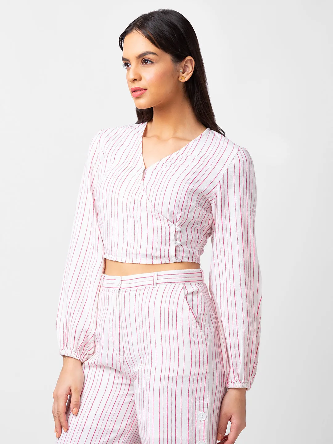 Spykar Women Pink Cotton Slim Fit Striped Crop Top