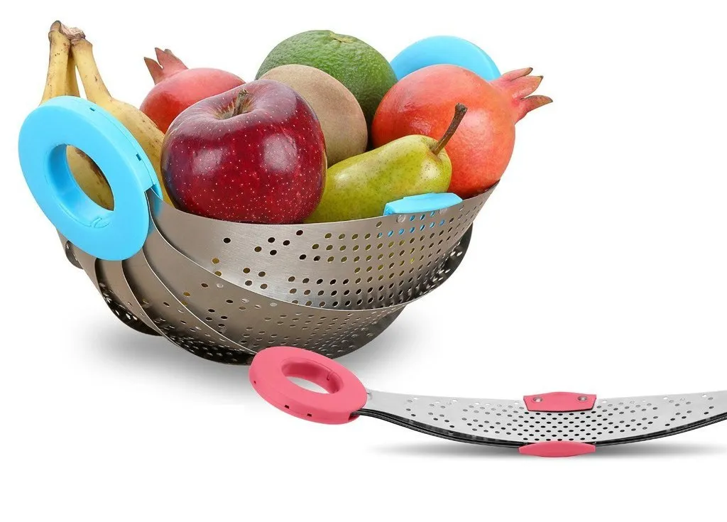 Stainless Steel with ABS Plastic 5-in-1 Collapsible Colander Strainer, Fruit Basket, Vegetable, Rice, Pulses Washing Bowl