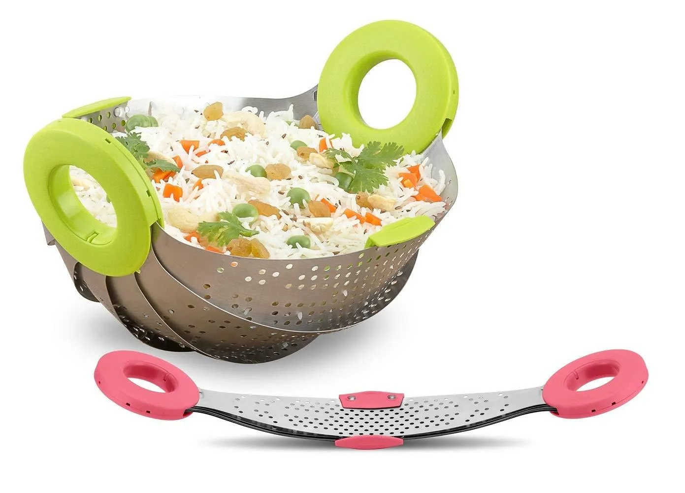 Stainless Steel with ABS Plastic 5-in-1 Collapsible Colander Strainer, Fruit Basket, Vegetable, Rice, Pulses Washing Bowl